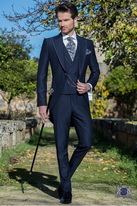 Bespoke navy blue groom morning suit modern slim fit 2139 Mario Moyano