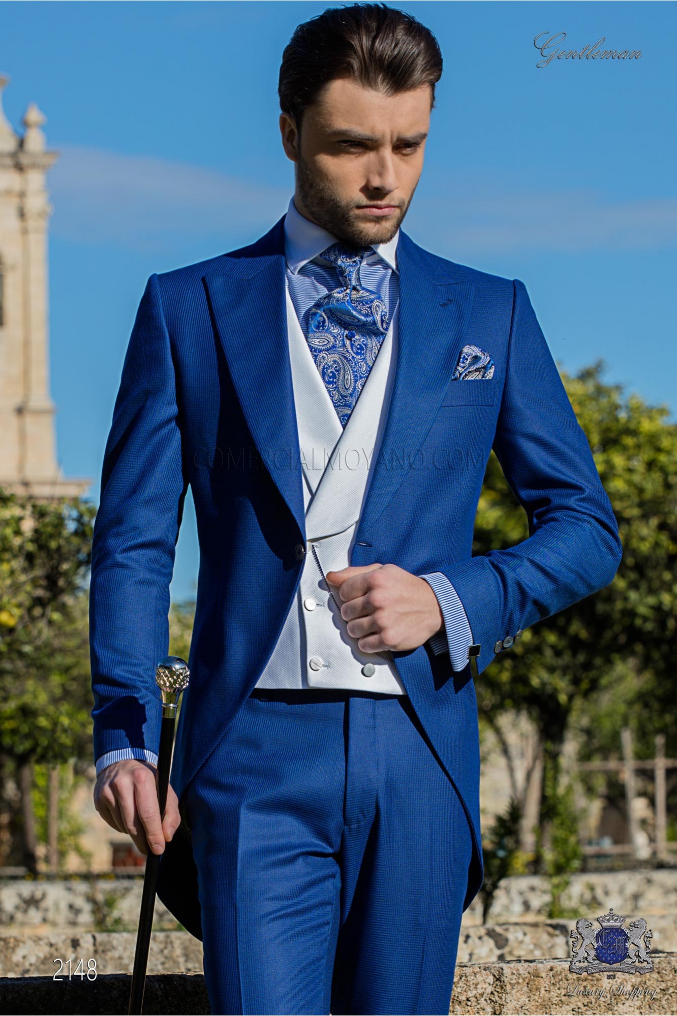 Chaqué de novio azul royal pata de gallo modelo: 2148 Mario Moyano colección Gentleman
