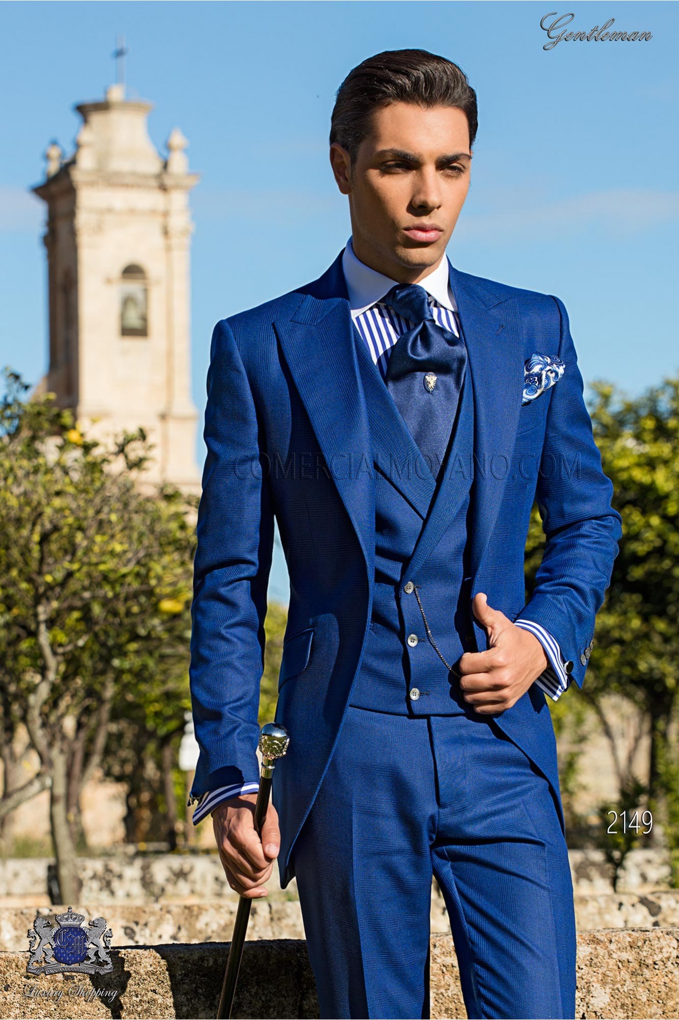 Bespoke Prince of Wales royal blue morning suit model 2149 Mario Moyano