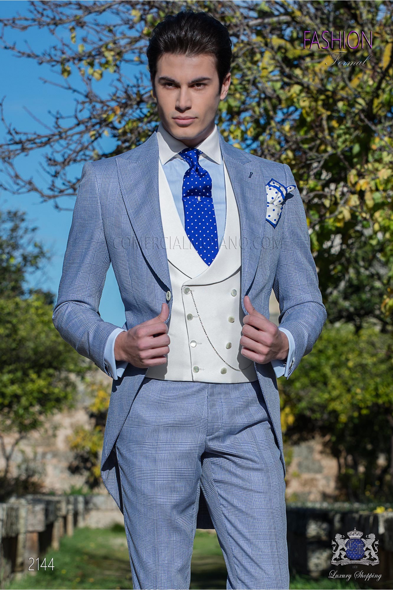 Chaqué de novio príncipe de gales azul royal modelo: 2144 Mario Moyano colección Fashion