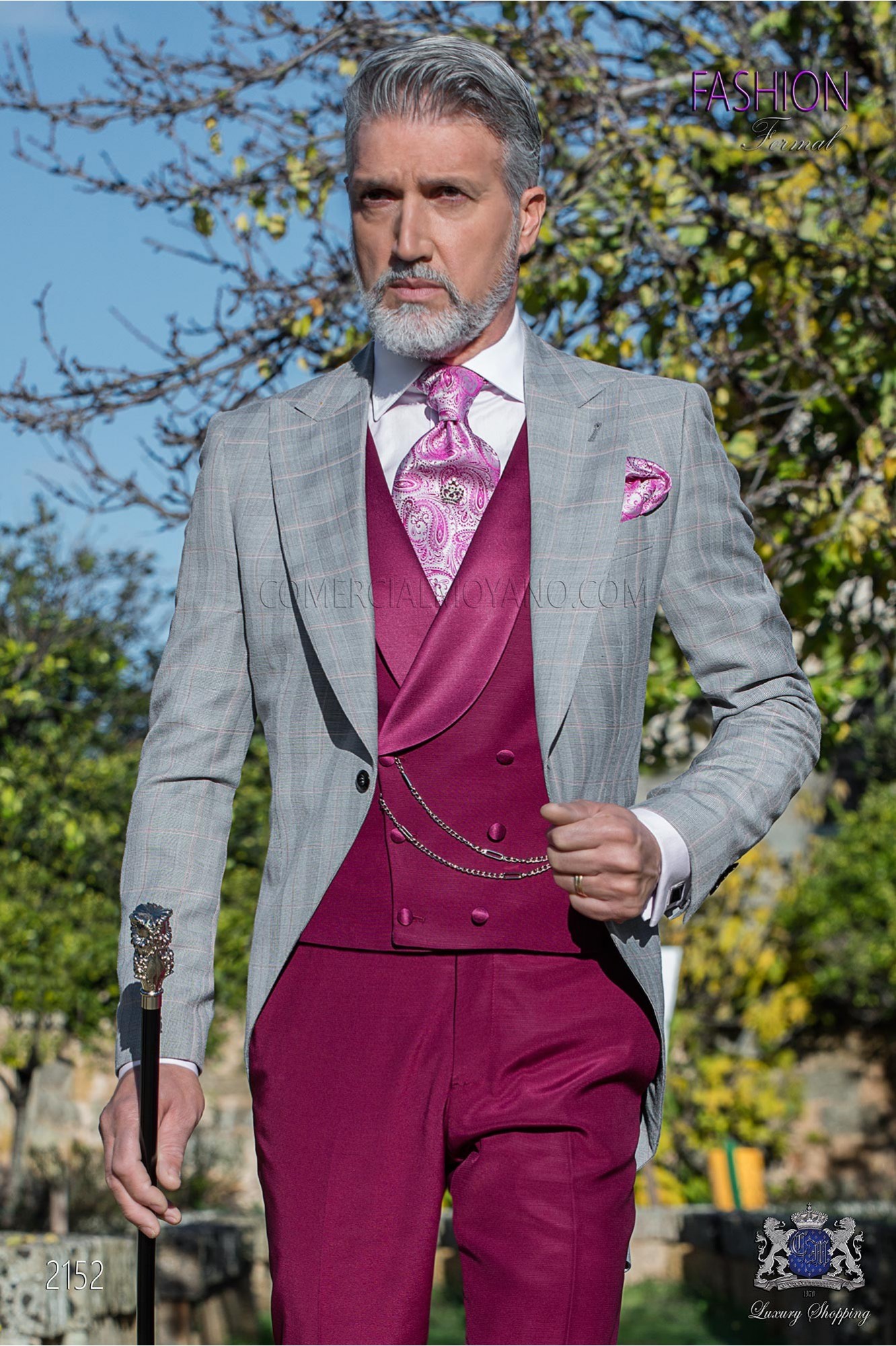 Bespoke morning suit Prince of Wales light grey and red