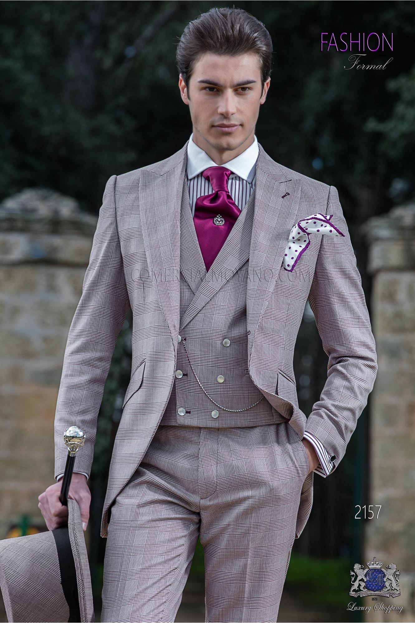 Italian short-tailed wedding suit Prince of Wales Burgundy model 2157 Mario Moyano