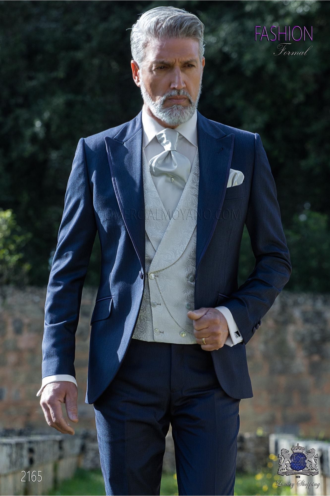 Italian wedding suit Slim stylish cut. Peak lapel with contrast fabric piping. Made from wool and acetate fabric in blue. model 2165 Mario Moyano