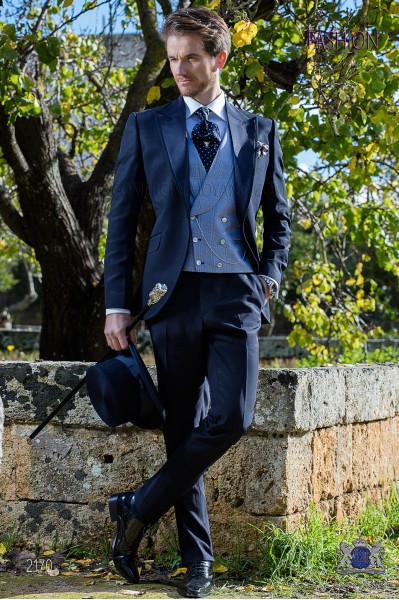 Blue Italian wedding suit Slim stylish cut. Peak lapel with contrast fabric piping. Made from wool and acetate fabric.