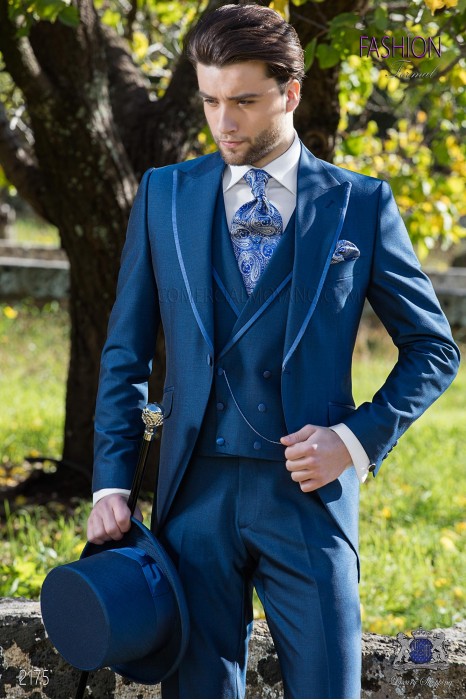 Italian royal blue mohair wool mix alpaca short frock coat wedding suit