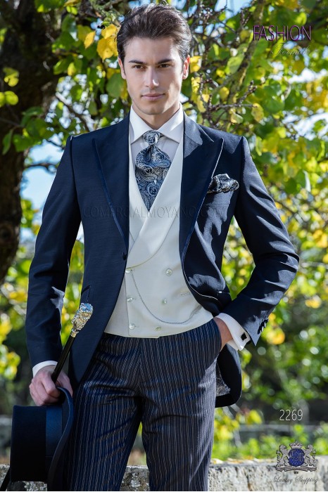 Italian short-tailed wedding suits with slim stylish cut, peak lapel with single button closure and contrast piping. 