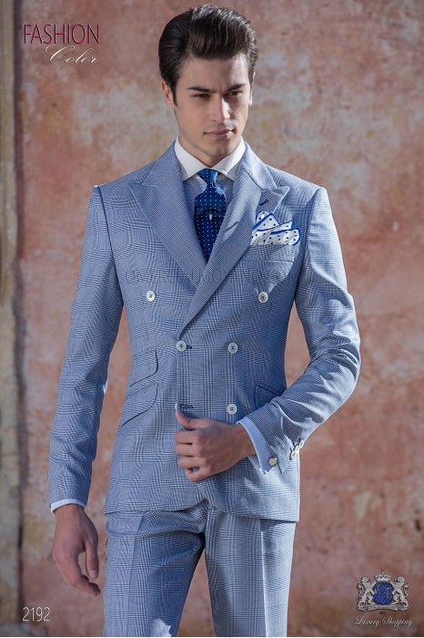 Italian bespoke blue royal Prince of wales double breasted suit