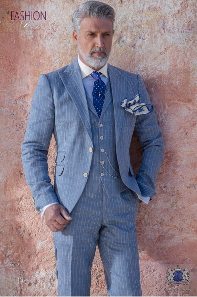 Italian bespoke light blue striped linen suit.