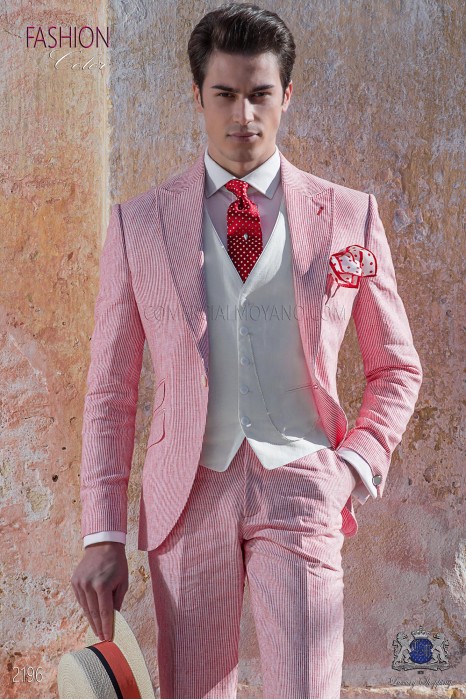 Italian bespoke red striped linen suit.
