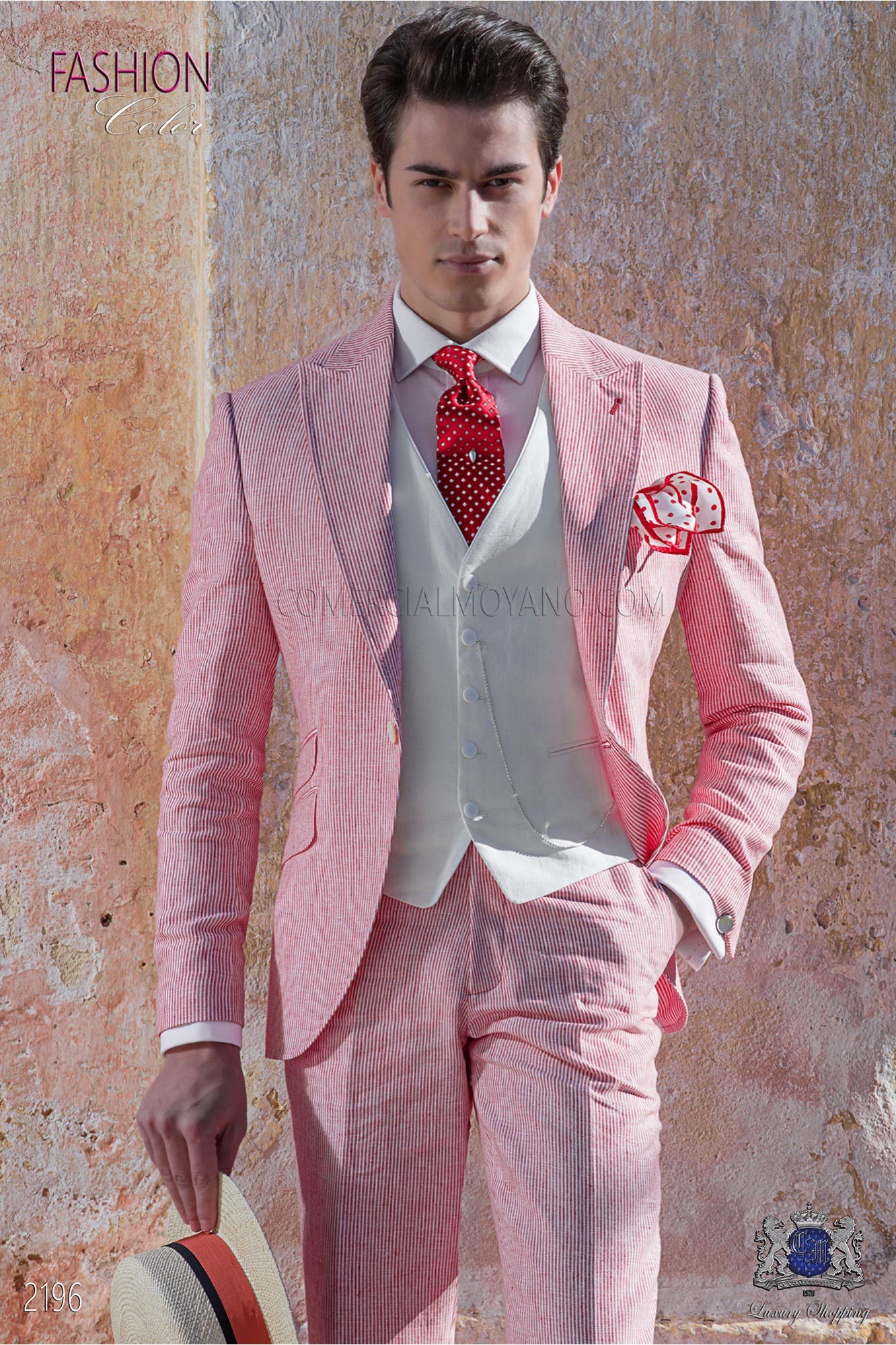 Traje de novio de lino rojo con raya blanca modelo: 2196 Mario Moyano colección Hipster