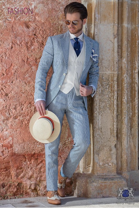 Italian bespoke blue striped linen suit.
