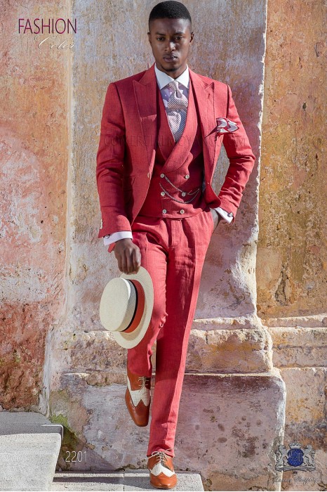 Italian stitched bespoke red pure linen suit