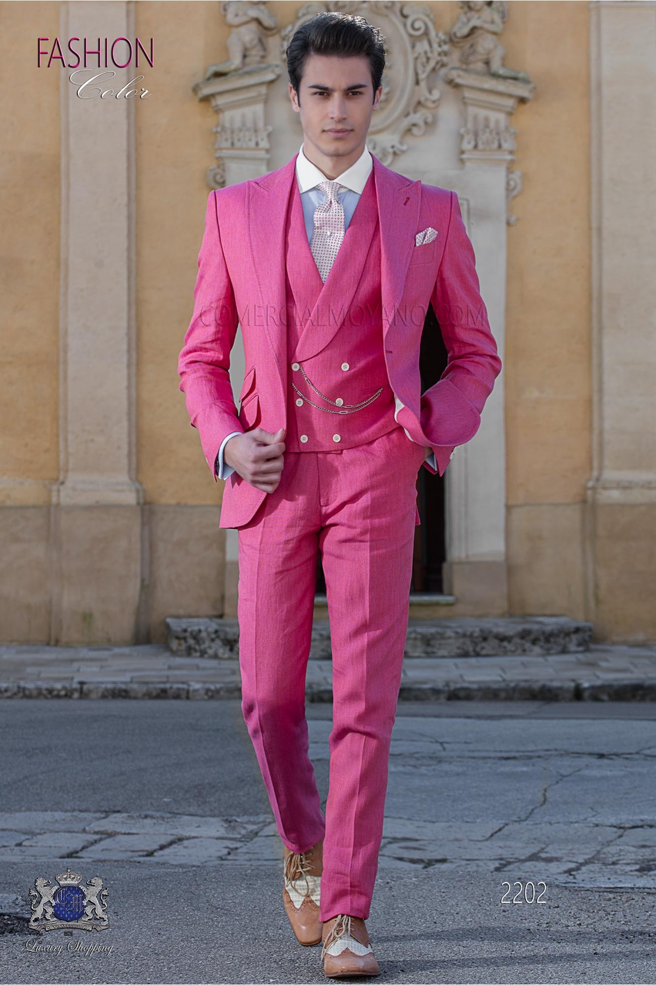 Traje de novio a medida rosa de lino modelo: 2202 Mario Moyano colección Hipster