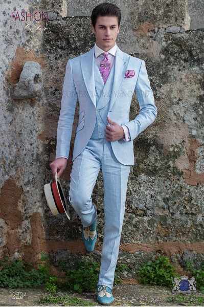 Italian stitched bespoke light blue pure linen suit