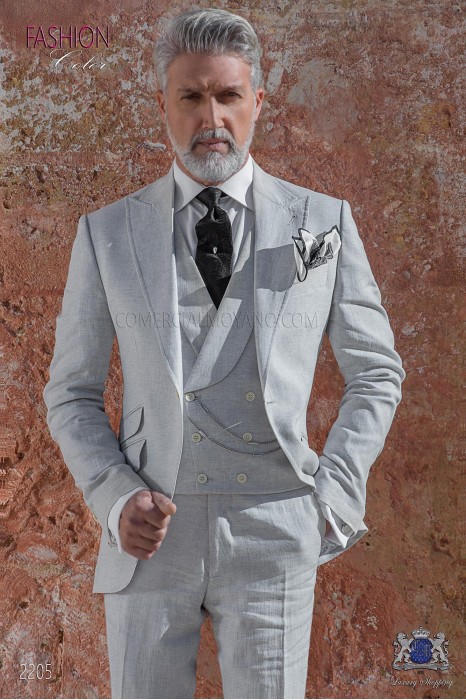 Italian stitched bespoke light gray pure linen suit