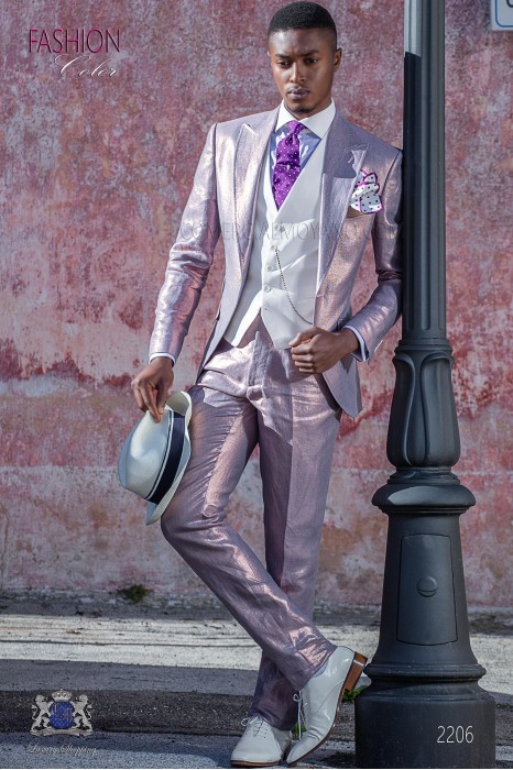 Italian stitched bespoke pink metalized linen suit