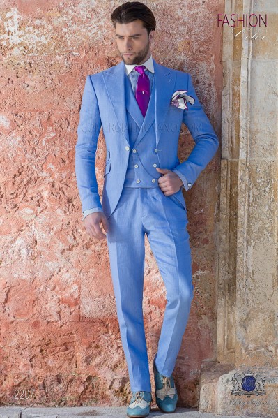 Italian stitched bespoke blue pure linen suit