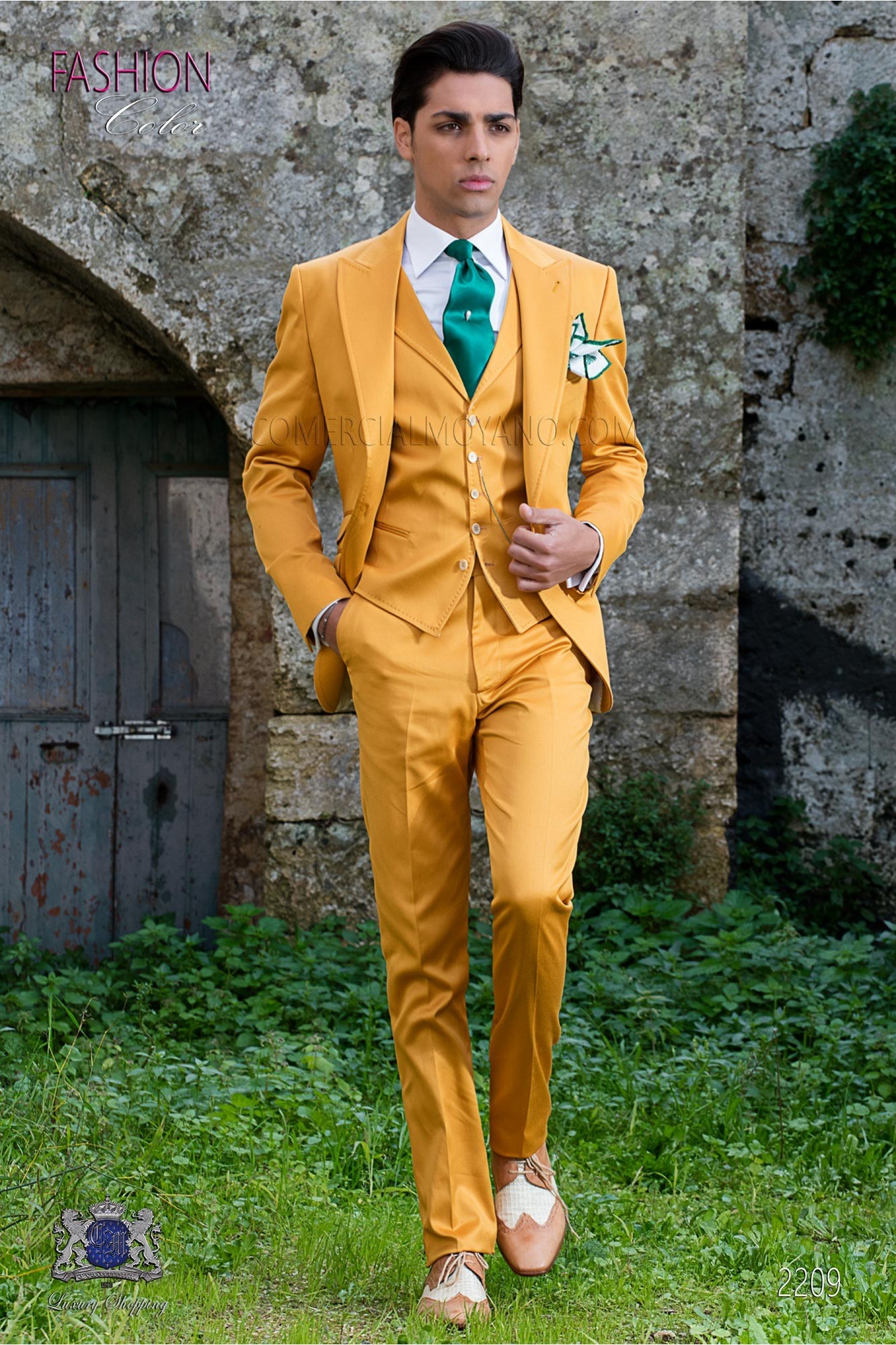 Stitched bespoke pure cotton yellow suit model 2209 Mario Moyano