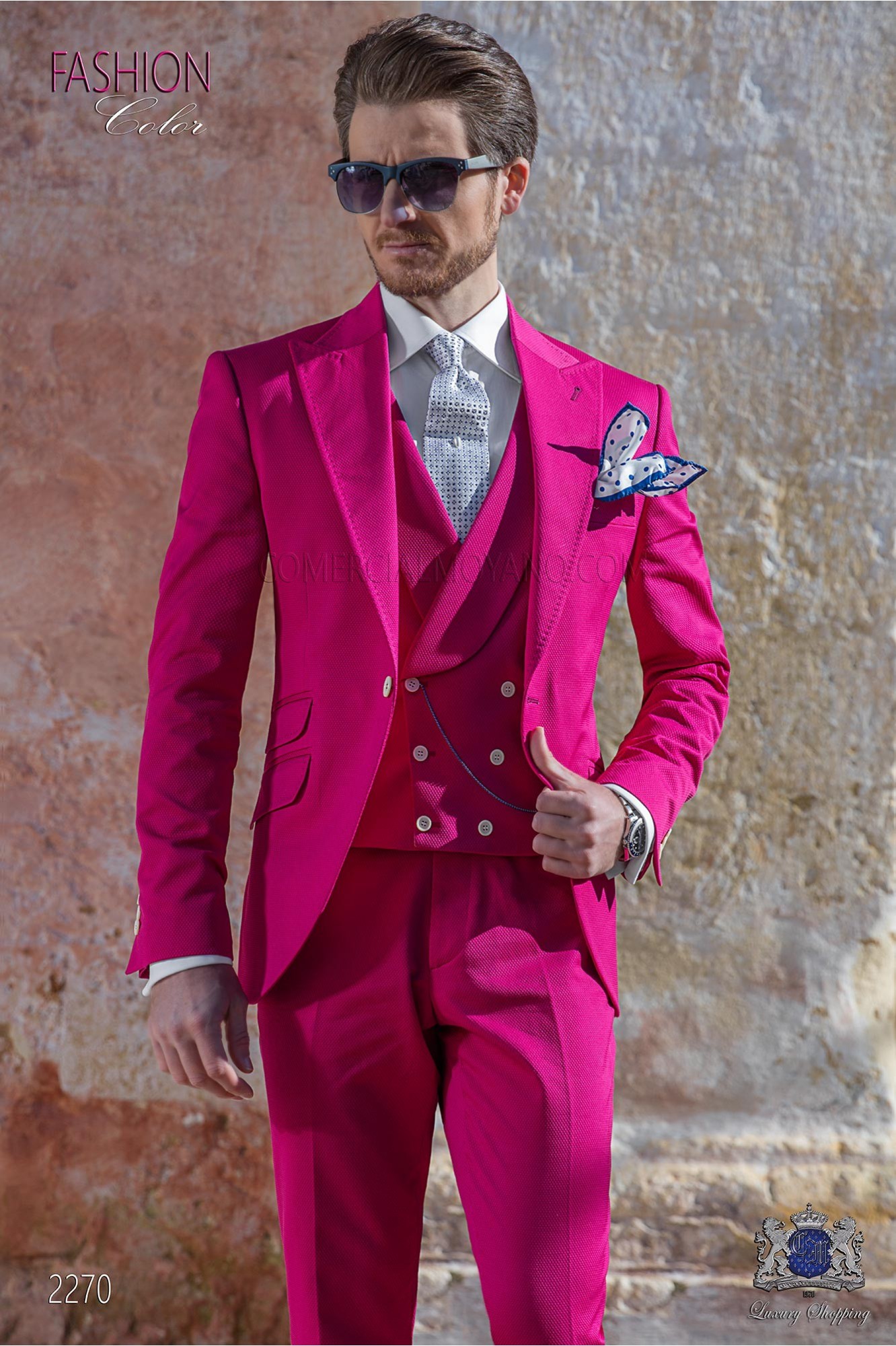 Italian fuchsia pure cotton piqué wedding suit model 2270 Mario Moyano