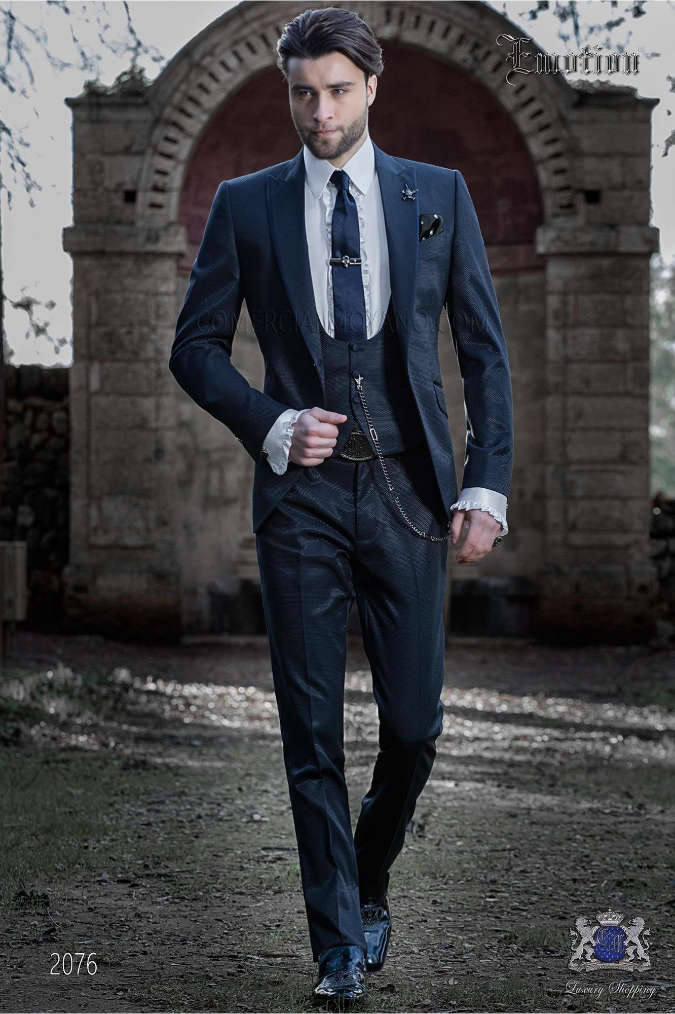 Italian wedding suit with slim stylish cut. New performance fabric