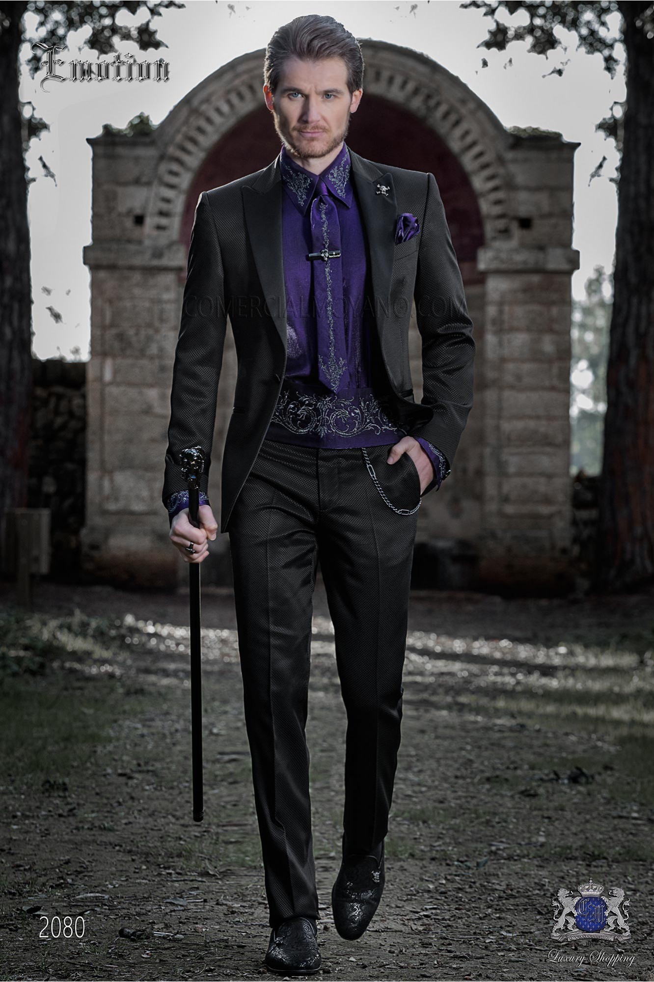 Bespoke black tuxedo slim fit with peak satin lapels model 2080 Mario Moyano