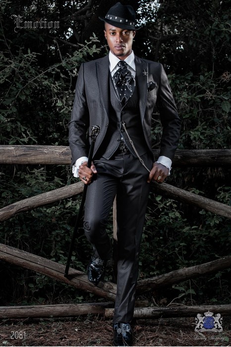 Italian black shiny fashion suit. Peak lapels with satin trims and 1 button.
