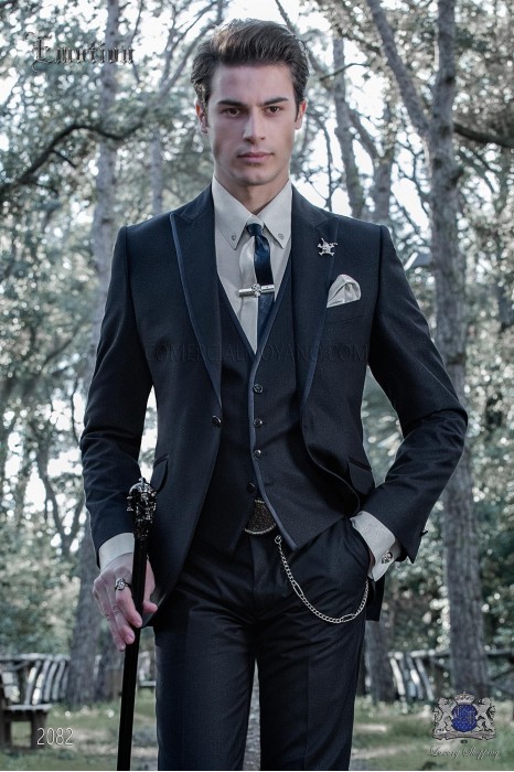 Italian dark blue shiny fashion suit. Peak lapels with satin trims and 1 button.