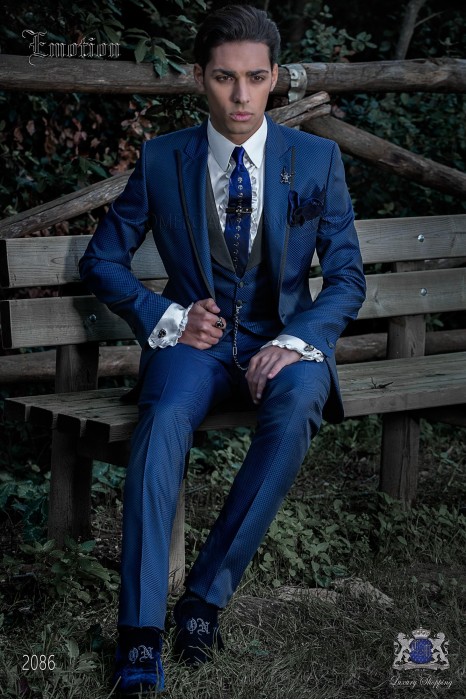 Italian fashion bespoke suit royal blue micro design
