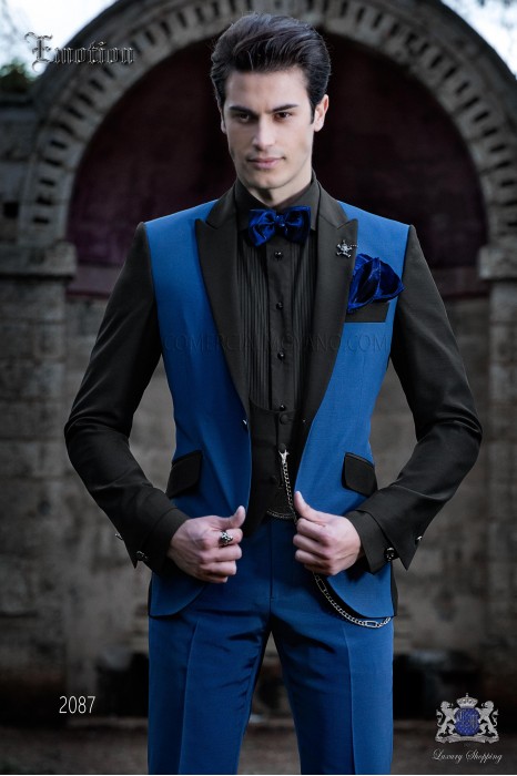Italian patchwork suit electric blue and black. Wool mix fabric.