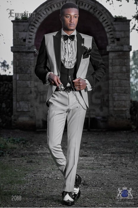 Italian patchwork suit pearl grey and black. Wool mix fabric.