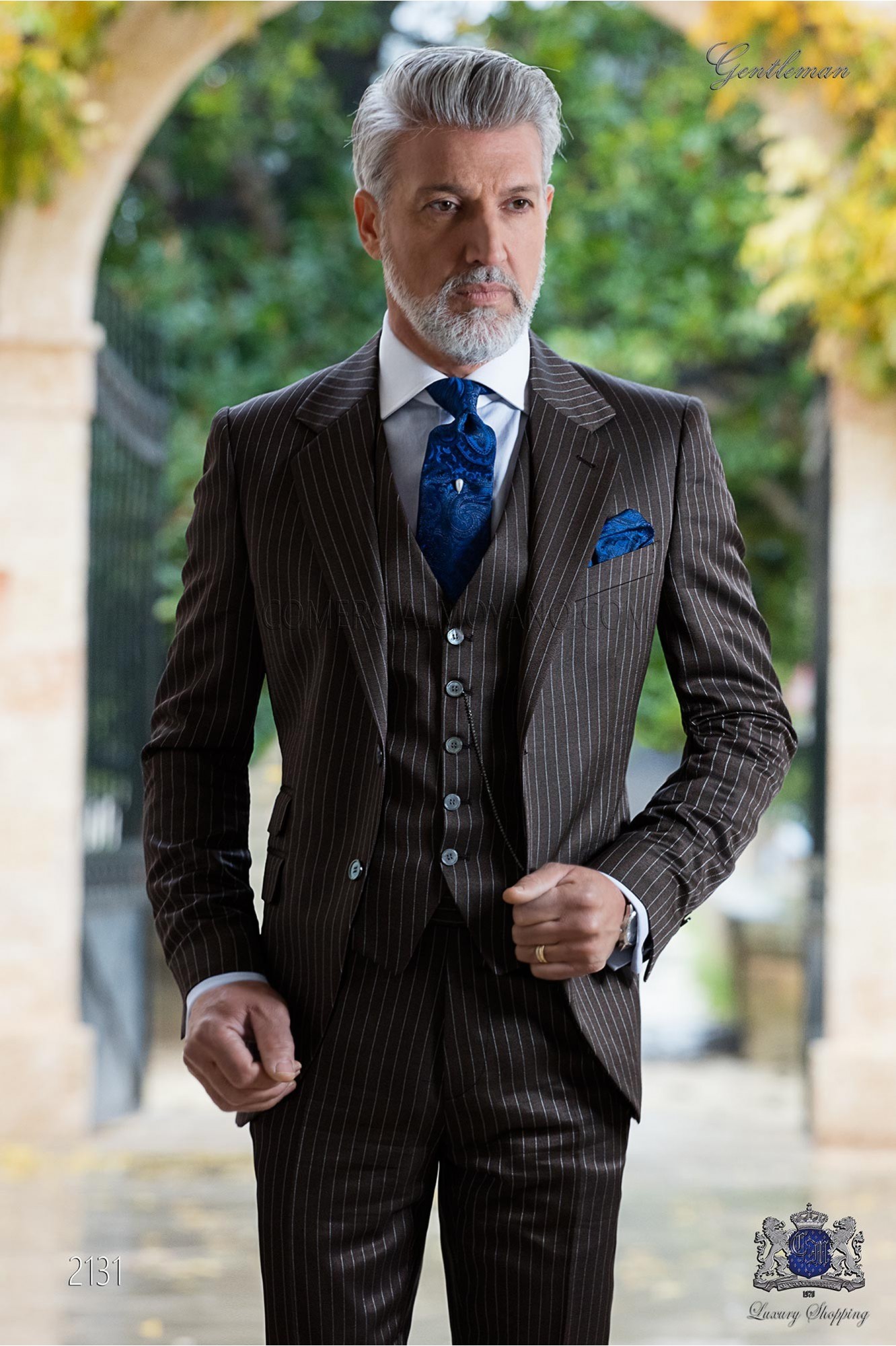 Bespoke brown pinstripe groom suit model 2131 Mario Moyano