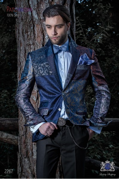 Bräutigam Anzug, Patchwork Sakko, blau, aus reiner Jacquard-Seide