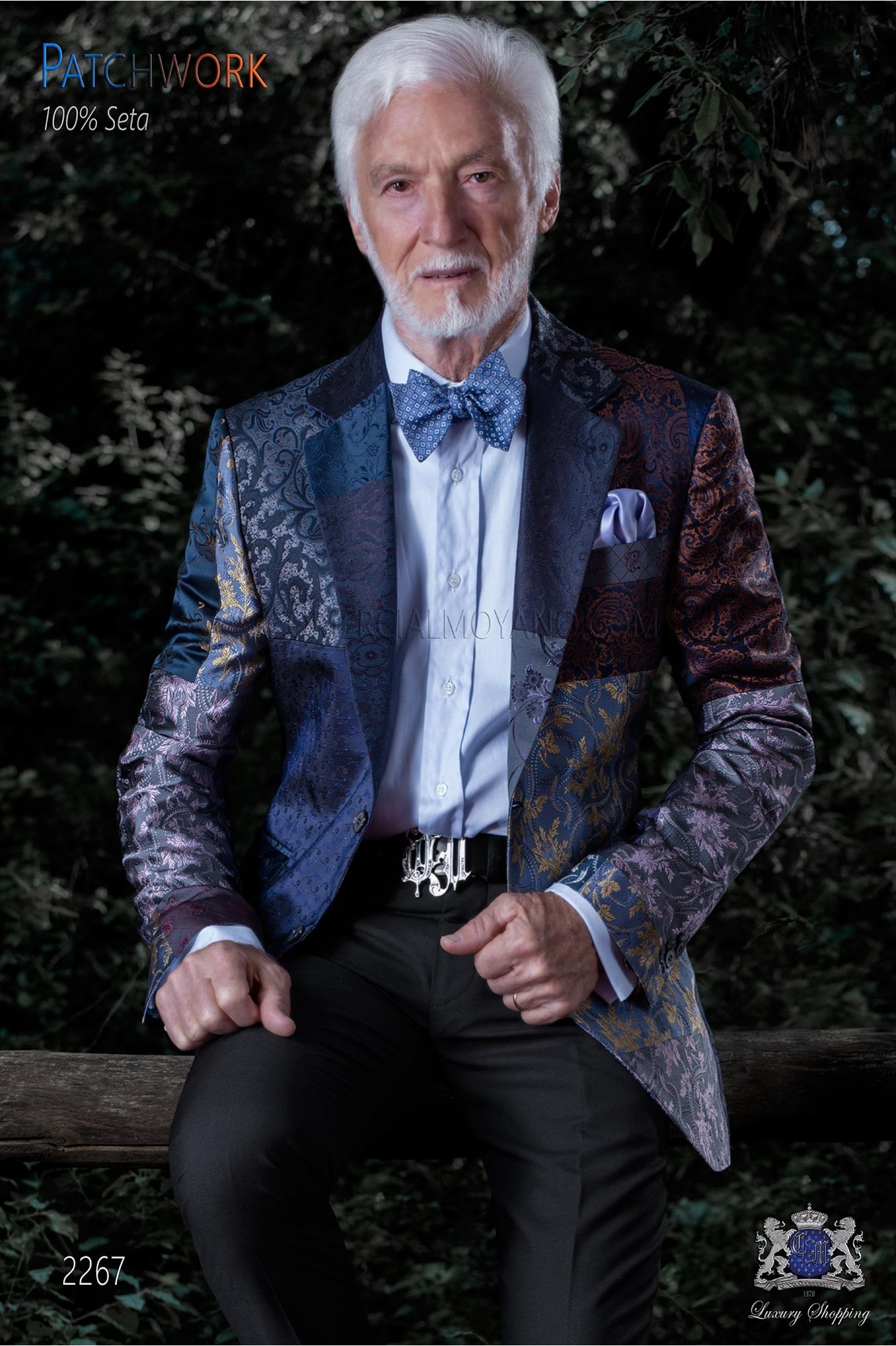Italian patchwork jacket made of pure jacquard silk blue tones