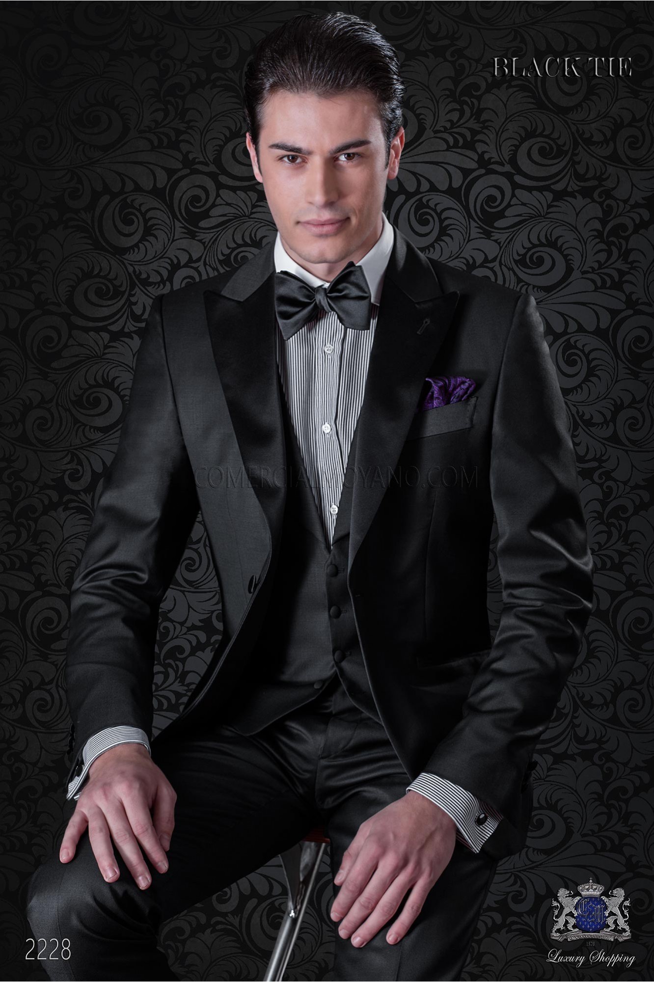 Bespoke black cool wool tuxedo with satin lapels model 2228 Mario Moyano