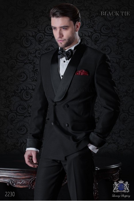 Italian double breasted black tuxedo with satin lapels. Wool mix fabric.