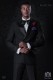 Bräutigam schwarze zweireihige Smoking Anzug mit Satin Revers. Spitzen Revers und 6 Knöpfe. Wollmischung Stoffe.