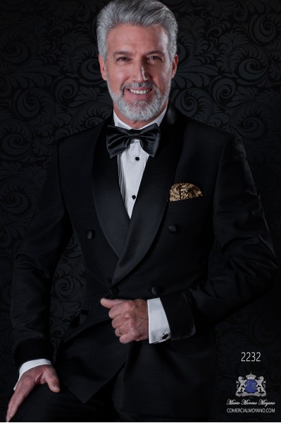 Italian double breasted black tuxedo with satin lapels. Shawl collar and 4 buttons. Wool mix fabric.