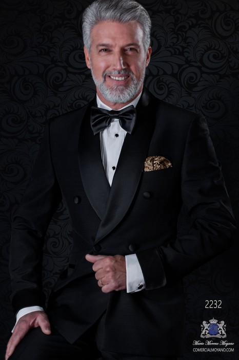 Italian double breasted black tuxedo with satin lapels. Shawl collar and 4 buttons. Wool mix fabric.