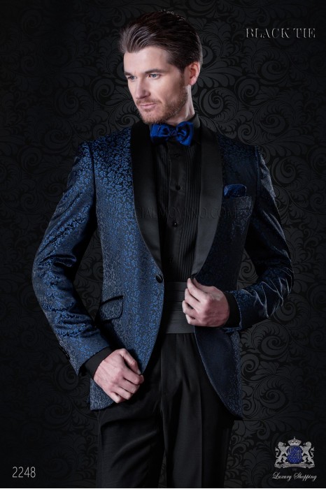 Bespoke black and blue silk dinner jacket combined with a black trousers