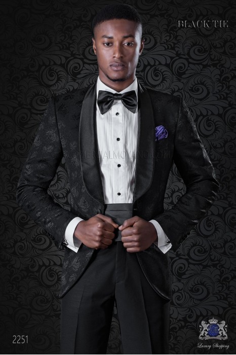 Italian bespoke wool silk black jacquard tuxedo combined with black trousers