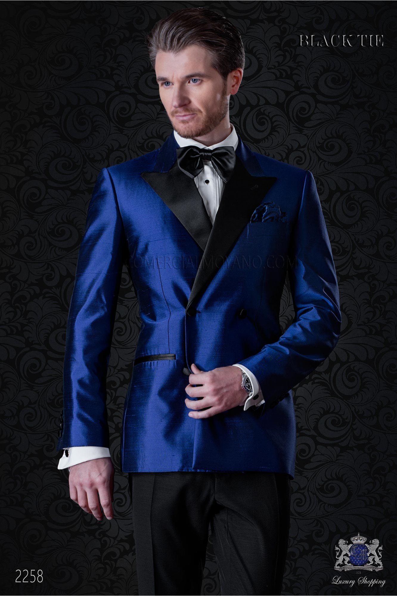 Bespoke double breasted royal blue shantung tuxedo model 2258 Mario Moyano