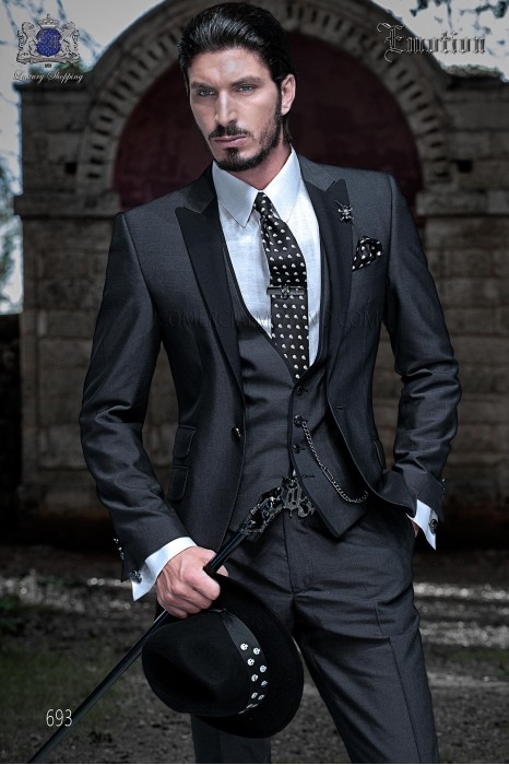 Modern gray groom suit with black lapels slim fit 693 Mario Moyano