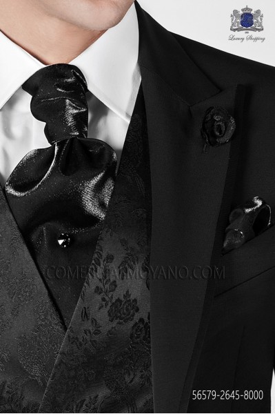 Black ascot tie and handkerchief