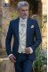 Italian wedding suit Slim stylish cut. Peak lapel with contrast fabric piping. Made from wool and acetate fabric in blue.