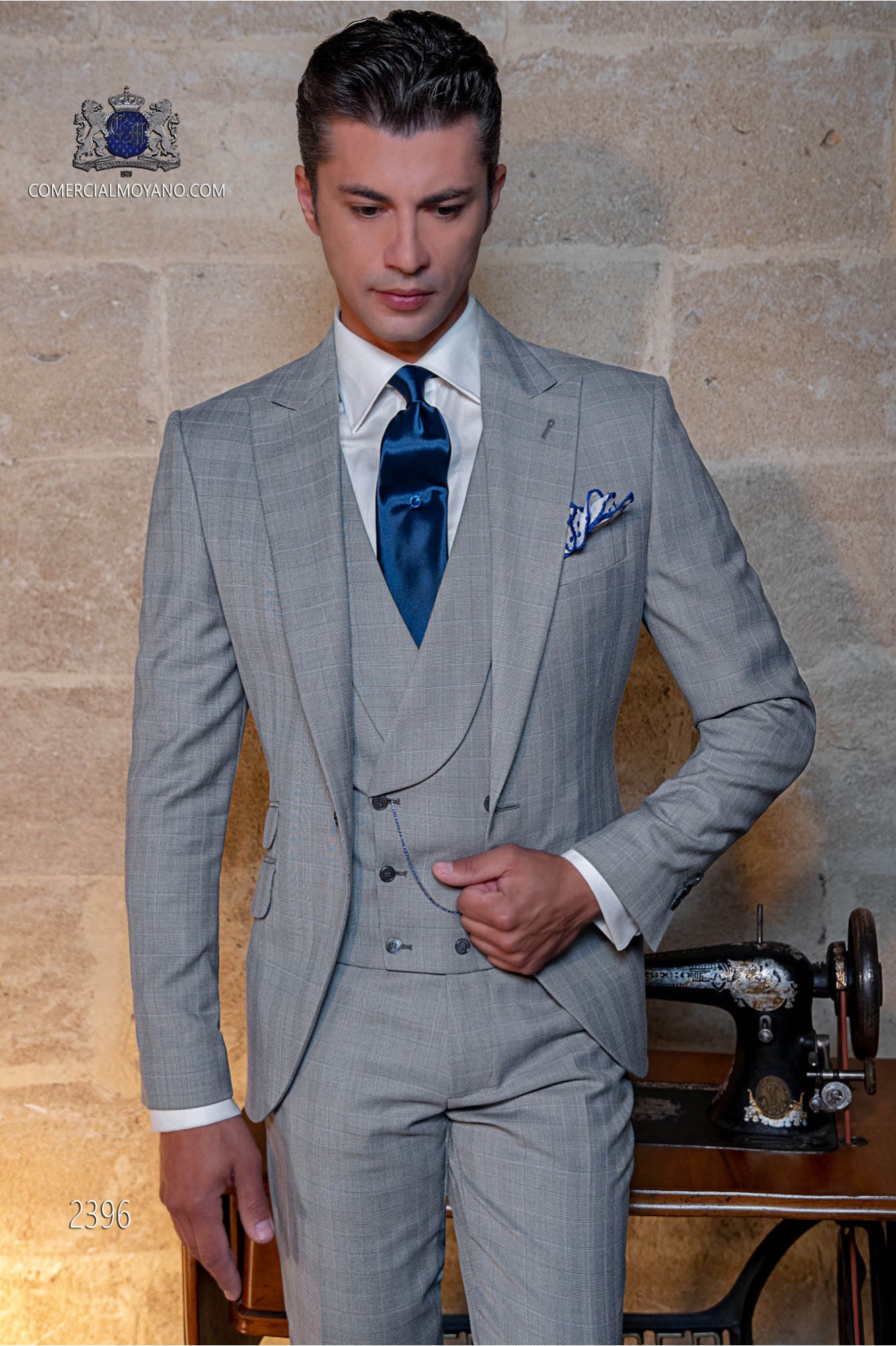 Bespoke Prince of Wales light grey and blue suit