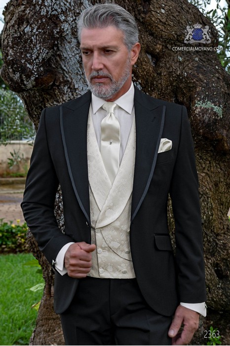 Italian wedding suit Slim stylish cut. Peak lapel with contrast fabric piping. Made from wool and acetate fabric in black.