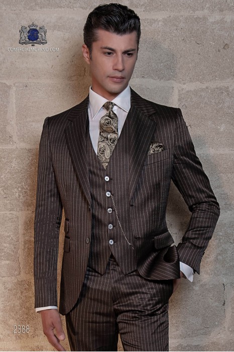 Italian bespoke brown pinstripe groom suit