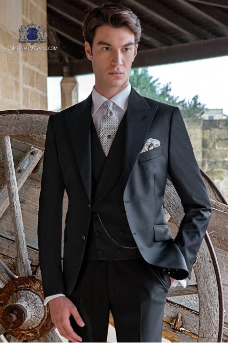 Italian black fashion groom suit. Pure wool fabric.