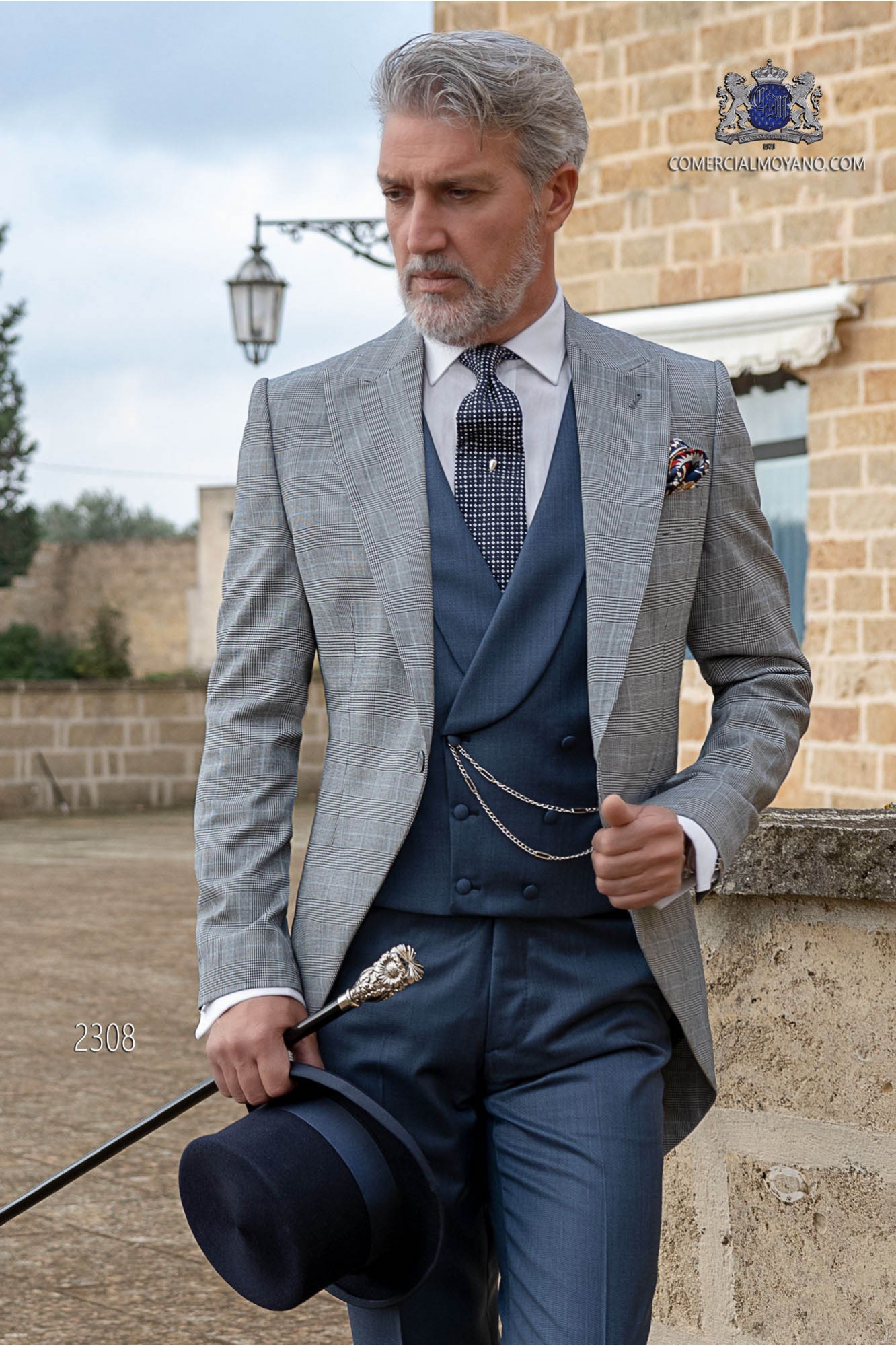 Chaqué de novio príncipe de gales gris y azul modelo: 2308 Mario Moyano colección Gentleman