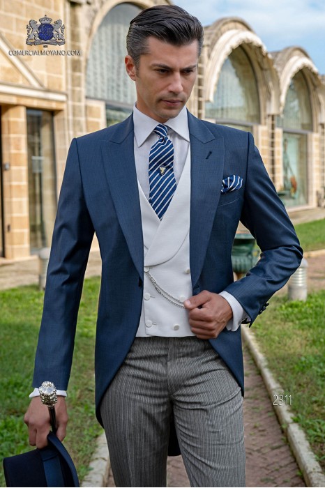 Italian blue fil a fil wedding morning suit